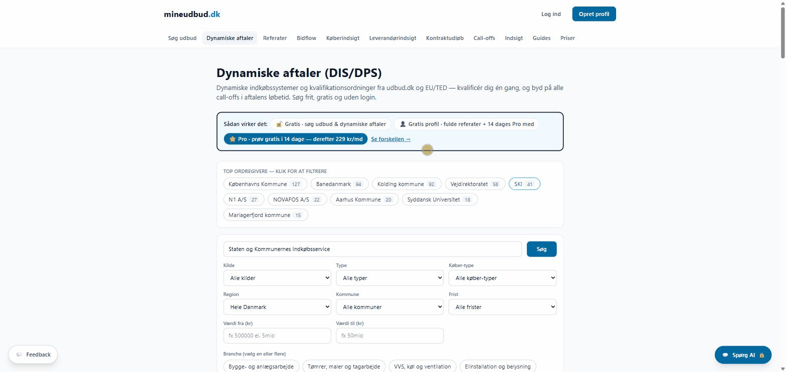 Demo: klik på SKI i top-ordregiver-chippene og se alle SKI's dynamiske aftaler med udfoldet beskrivelse