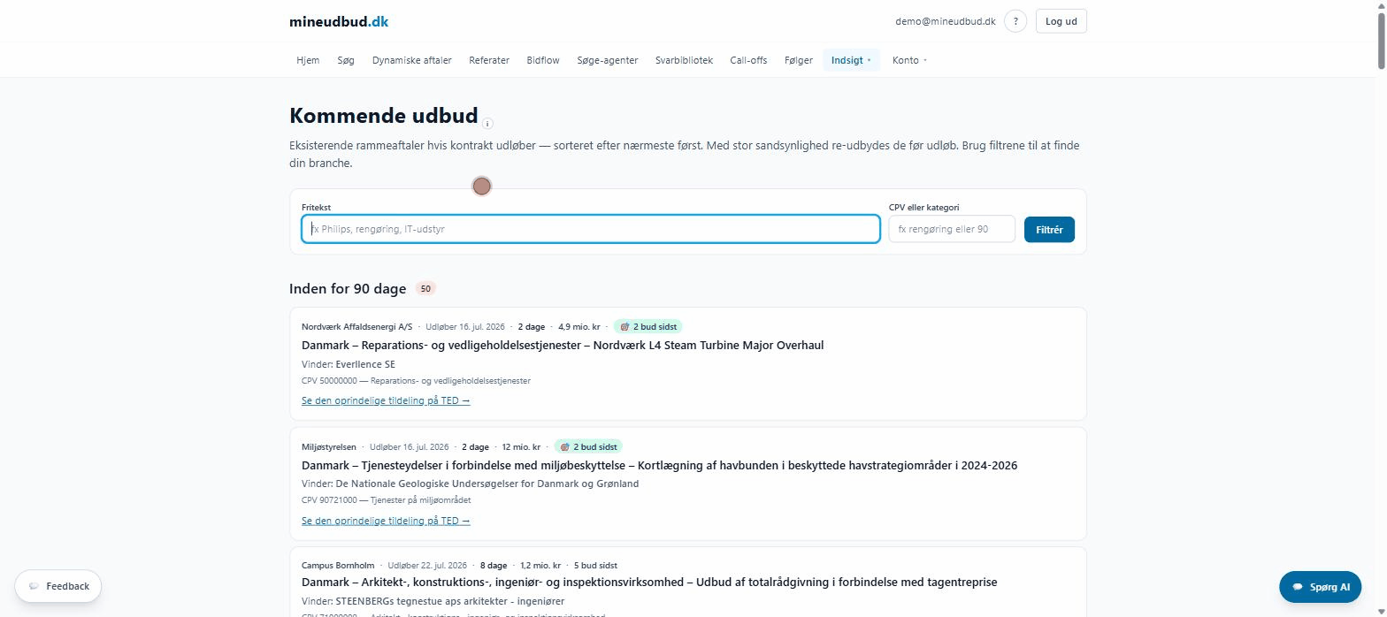 Demo: filtrér kontrakt-udløb på 'rengøring' og se kommende genudbud med nuværende leverandør