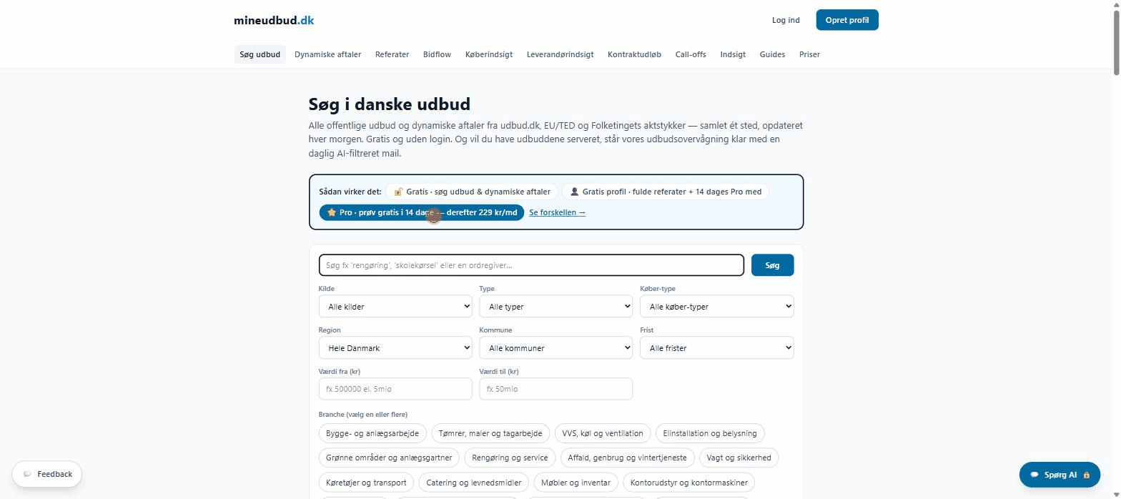 Demo: søg på 'rengøring' i den gratis udbudssøgning, se resultaterne og fold et udbuds beskrivelse ud